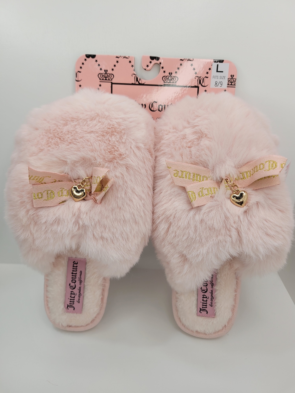 👉✨️ Juicy Couture Pink Fuzzy Slide Slippers with Heart Charm [Size 8-9]